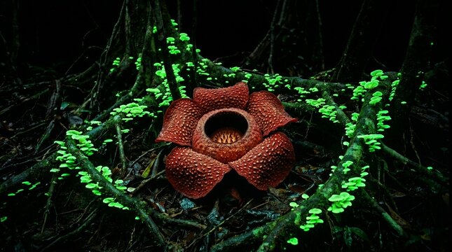 Giant Rafflesia Flower and Glowing Mushrooms Illuminate Mysterious Tropical Rainforest at Night.