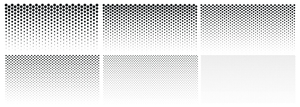 Halftone gradient. Dotted gradient, smooth dots spraying and halftones dot background seamless horizontal geometric pattern vector template set. Abstract dot gradient halftone pattern illustration