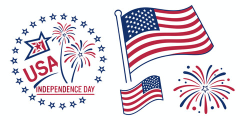Independence day usa patriotic collection featuring waving flags and firework displays independence patriotic fireworks celebration american illustration national patriotism elements © Meraj