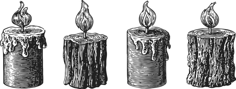vintage hand drawn burning candles set, old fashioned wooden textured candle flames