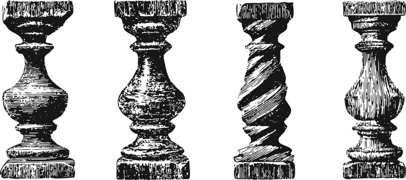 ornate wooden balusters set with different carved designs and textured vintage