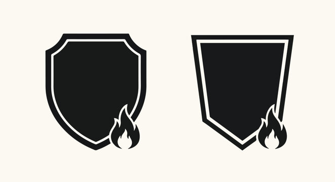 shield emblem with burning flames icon - Line and glyph solid icon and logo template - Clipart, sticker - icon set