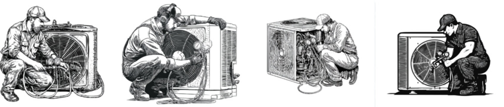 An HVAC technician meticulously checks freon pressure levels on an outdoor air conditioning condenser unit, using high-resolution monochrome line art that captures intricate cross-hatching and