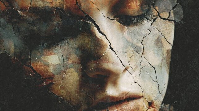 Fractured portrait of a person with closed eyes, overpainted with abstract colors and cracking patterns