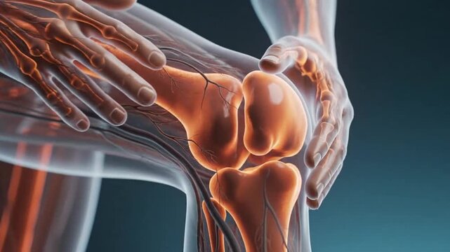 Human knee joint with hands perfect for hospital promotions and health education