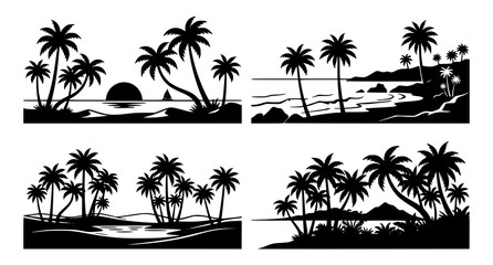 Set of four tropical beach sunset landscapes with palm tree silhouettes. © Crafts Home