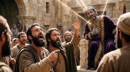 Obraz premium King Herod sits on a throne wearing royal robes and being struck by a divine light. Biblical scene depicting the death of the king in Acts of the Apostles. Ancient historical religious event.