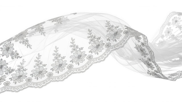 Flowing white bridal veil with intricate floral lace embroidery, isolated on a solid black background, showing delicate sheer fabric texture