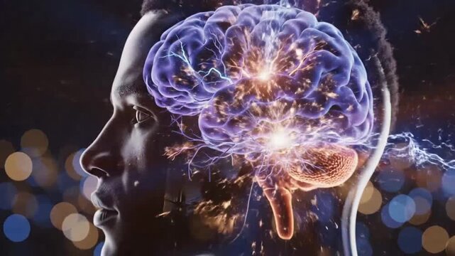 Human head with glowing brain ideal for sleek commercial backgrounds and title sequences