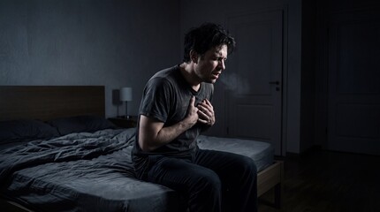Fototapeta premium Man sitting on bed clutching chest in distress while breathing heavily. Asthma attack symptoms in dimly lit bedroom at night. Respiratory health emergency and illness awareness concept
