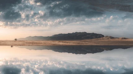 Fototapete Reflection Upside-down landscape with clouds above a hill reflected in water  distant vehicle  © Nurul