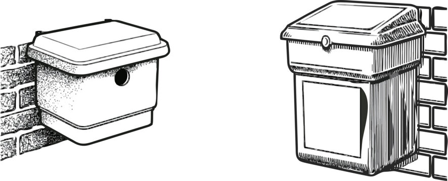 A meticulously detailed black-and-white engraving of a vintage monochrome line art pest control bait station box securely mounted against an outdoor brick wall, showcasing intricate cross-hatching
