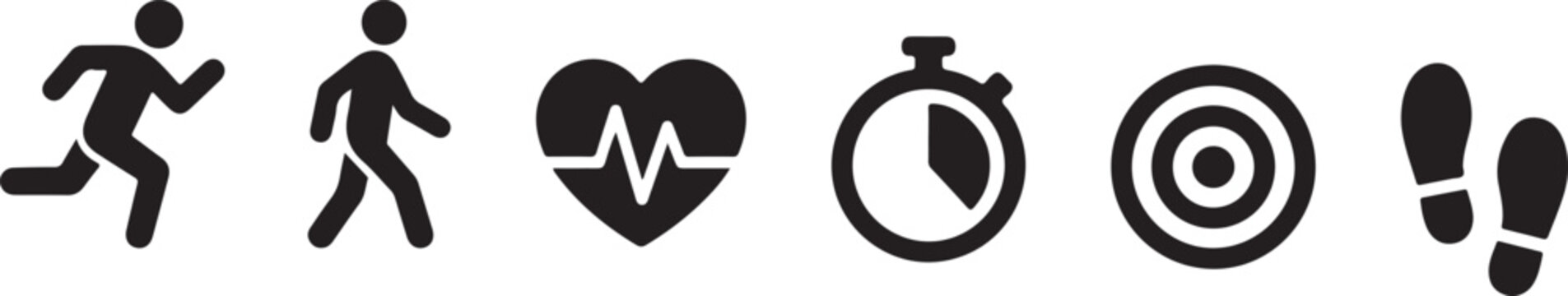 Fitness Activity Icon Set Running Walking Heart Rate Stopwatch Target Steps Tracking Health Silhouette Vector Illustration