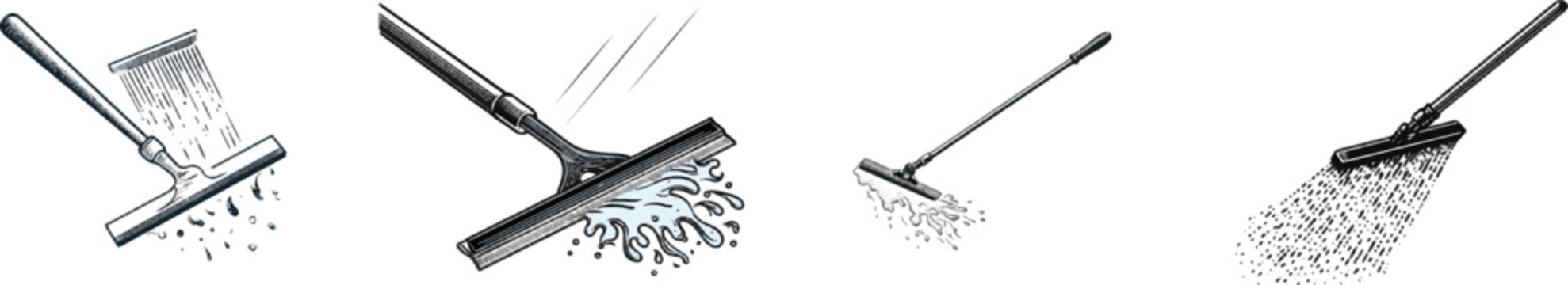 A vintage monochrome line art illustration of a brass handle squeegee with intricate cross-hatching and stippling, meticulously detailed to capture the essence of precision and craftsmanship in