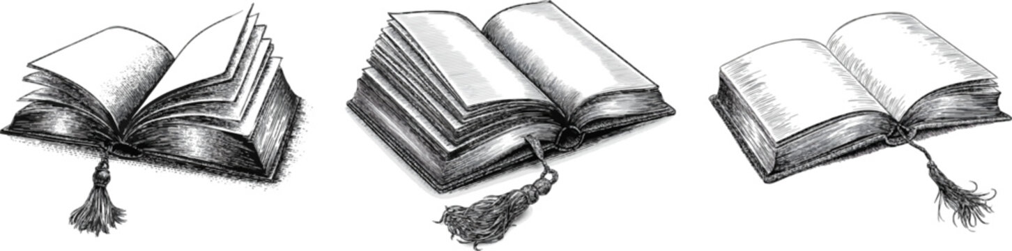 A vintage monochrome line art book lies open with intricate cross-hatching and stippling, adorned by a decorative tassel bookmark on a pure white background