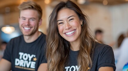 Obraz premium Two young, smiling volunteers wearing matching 