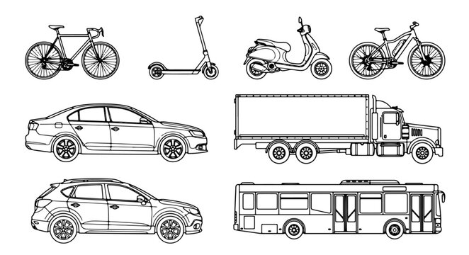 City Transport and Vehicle Side View Vector Set for Urban Section Drawings