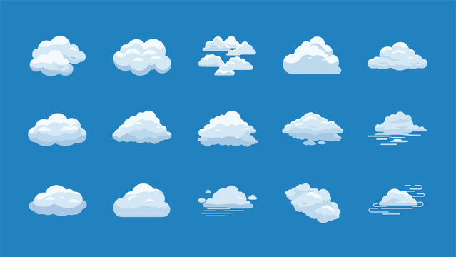 Diverse collection of fluffy white cartoon clouds in various shapes and weather conditions set against a clear bright blue sky background.