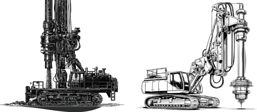 A vintage monochrome line art geotechnical soil sampling drill rig extracts deep earth core samples for structural foundation analysis, showcasing intricate cross-hatching and stippling to convey