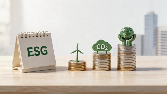 ESG calendar with wind turbine coin tower CO2 symbol on stack and hands holding globe on money heap for sustainable finance investment green economy environment protection carbon
