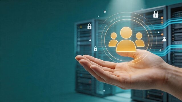 Human hand presenting digital avatar group with security padlock server room background protecting user data privacy technology concept information security system