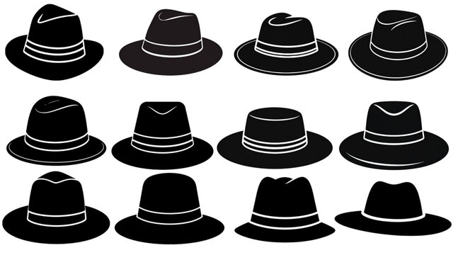 Black fedora hat silhouette vector collection isolated on transparent background for fashion branding