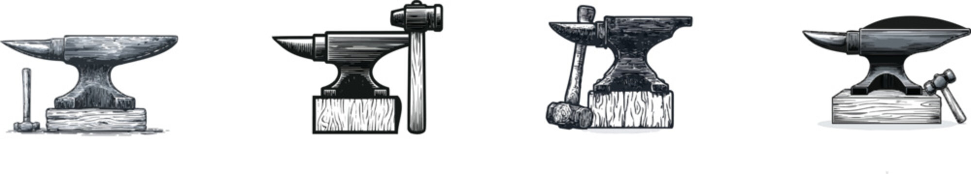 A meticulously detailed black-and-white engraving of an antique steel anvil sits atop a wooden block, accompanied by a blacksmiths hammer, all rendered in vintage monochrome line art with precise