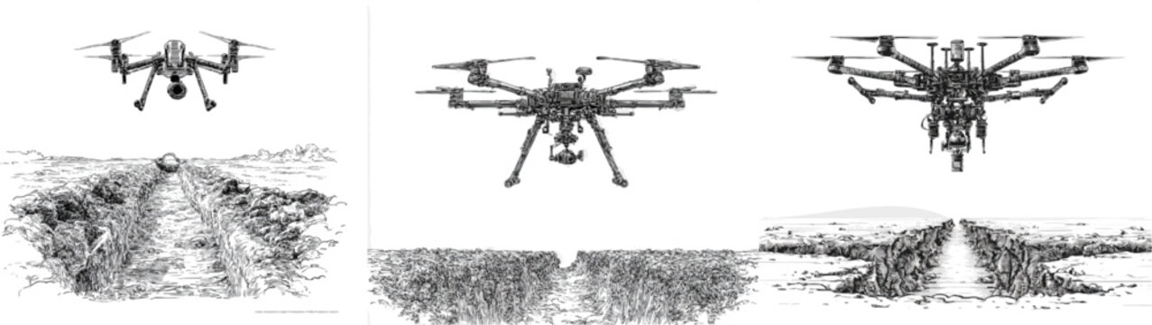 A heavy-duty surveying drone equipped with LiDAR scanners hovers above a freshly dug construction trench, capturing precise high-resolution data in a detailed black and white engraving style