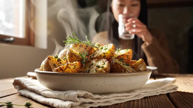 Steaming roasted potatoes garnished with herbs perfect for cooking tutorials and recipe showcases