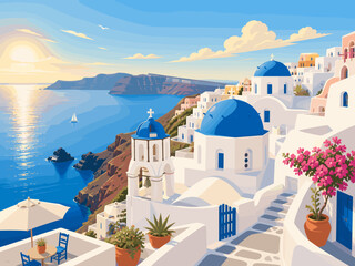 Obraz premium Santorini hillside houses with blue domes, sea horizon and sunny Mediterranean travel Vector postcard 