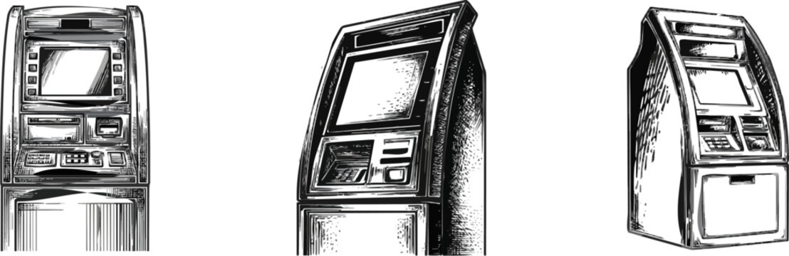 A sleek, high-speed train self-service ticketing terminal with a touchscreen interface and card reader is depicted in a vintage monochrome line art style, featuring intricate cross-hatching and