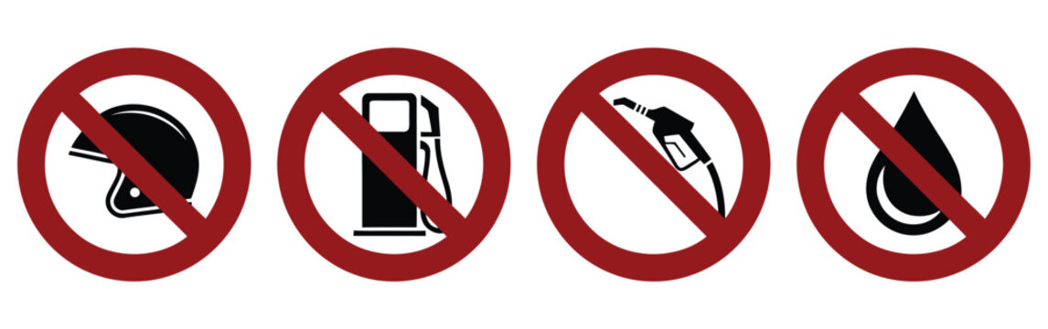 No helmet, No petrol pump, No fuel, safety prohibition red ban sign icons set, forbidden access symbols collection, protective rule enforcement signage, hazard prevention vector icon illustration 