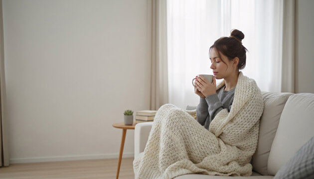 Young Woman Wrapped in Cozy Blanket Drinking Hot Tea at Home During Quiet Relaxing Self Care Moment