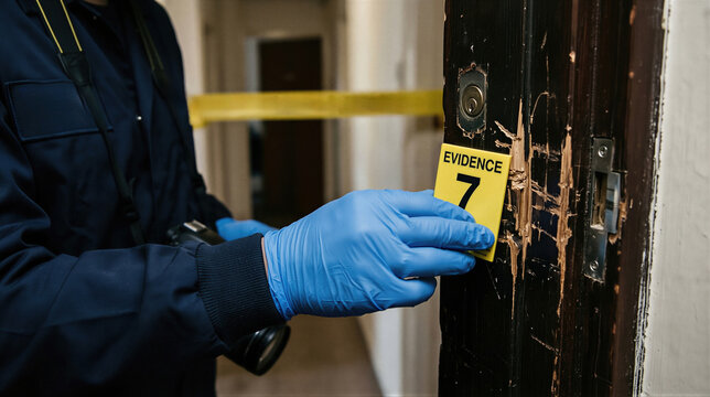 Detective marking a damaged door with an evidence tag at a crime scene. Investigator examining burglary or break-in damage. Criminal site investigation, forensic evidence collection.