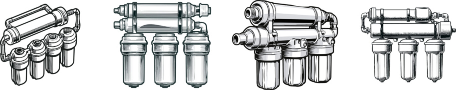 This vintage monochrome line art illustration depicts a modern under-sink reverse osmosis water filtration system with intricate cross-hatching and stippling for rich texture, isolated on a pure