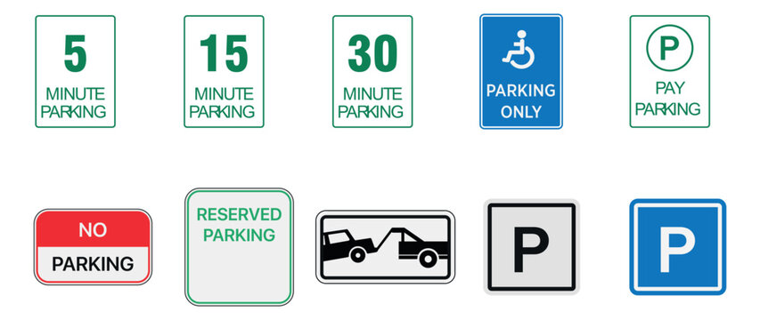 Car parking icon set, car parking area no parking signs. Parking, car icon set with parking area and no parking signs