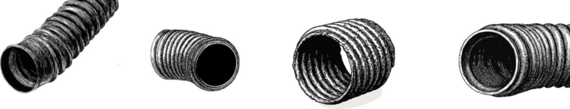 A monochrome engraving of a corrugated steel pipe section showcases intricate details with fine lines and cross-hatching on a pristine white background