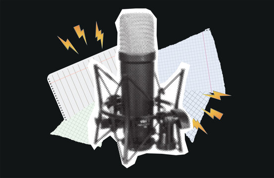 microphone for podcast Halftone. Halftone microphone cutout. Retro microphone with mesh grille and ship graphic, both rendered in halftone dot.