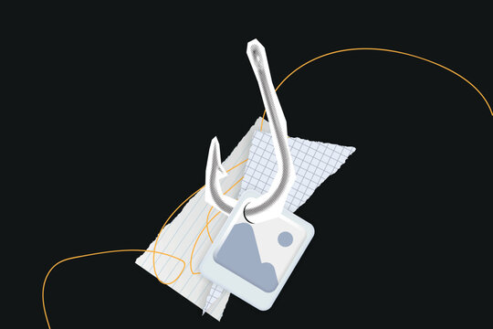 Conceptual illustration of a hook symbol representing video content engagement and attention grabbing in halftone cutout style.