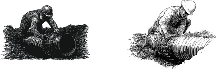 Obraz premium A monochrome engraving depicts a worker in a trench, meticulously installing a corrugated steel pipe with intricate cross-hatching details on a pure white background