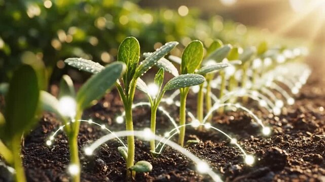 Young plants growing in soil highlighting geometric patterns and contemporary art