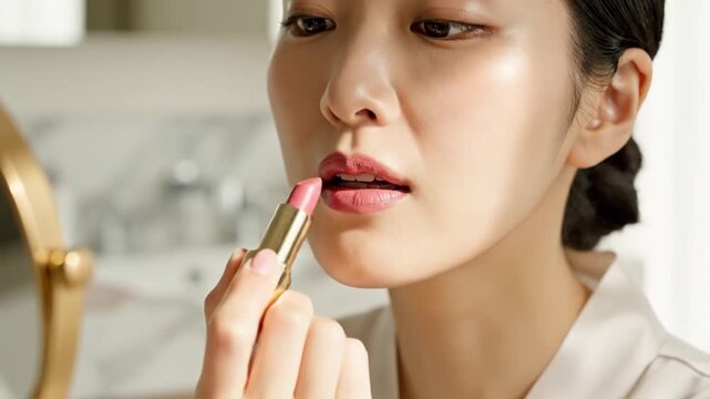 Asian Woman Applying Pink Lipstick Closeup, Soft Natural Light, Braided Hair, Gold Lipstick Case, Focused Expression, Mirror Reflection, Morning Routine, Smooth Skin Texture, Delicate Motion, Cosmetic