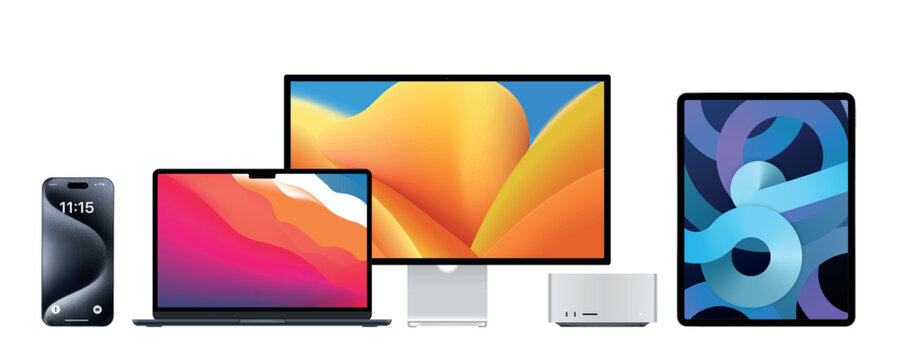 Modern computer, laptop, tablet, smartphone mockup front view, notebook mockup and phone device mockup ui ux app, set technology devices with transparent display, digital devices