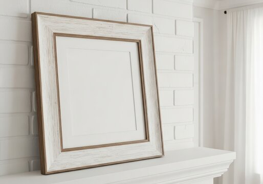 Empty rustic picture frame, distressed white and natural wood, leaning on a clean white mantelpiece against a textured brick wall, awaiting personalized photos or artwork