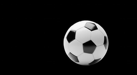 Naklejka premium A classic black and white soccer ball with a traditional hexagonal pattern isolated against a solid, deep black background
