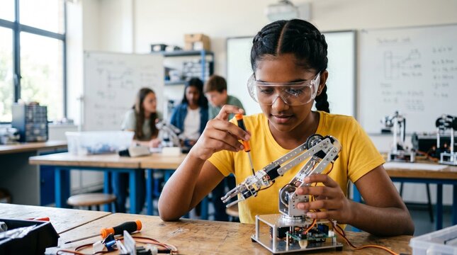 Enthusiastic young girl building a robotic arm in a modern STEM workshop.