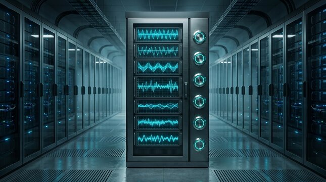 Data center server rack with digital signal waveforms for network monitoring and analytics