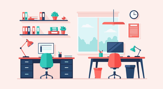 Flat design illustration of a vibrant office interior with two workstations, computers, chairs, and window view