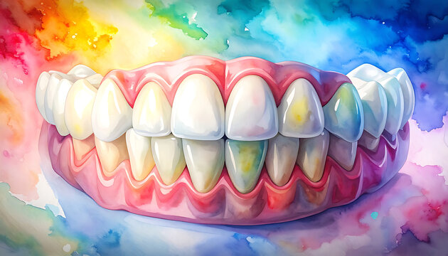 Close up of healthy and unhealthy teeth in vibrant watercolor splashes, dental care and hygiene concept, mouth health, cosmetic dentistry