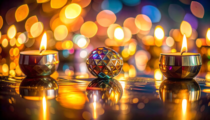 Close up of lit candles and a disco ball reflecting warm bokeh lights on a wet surface, festive celebration atmosphere, party decorations